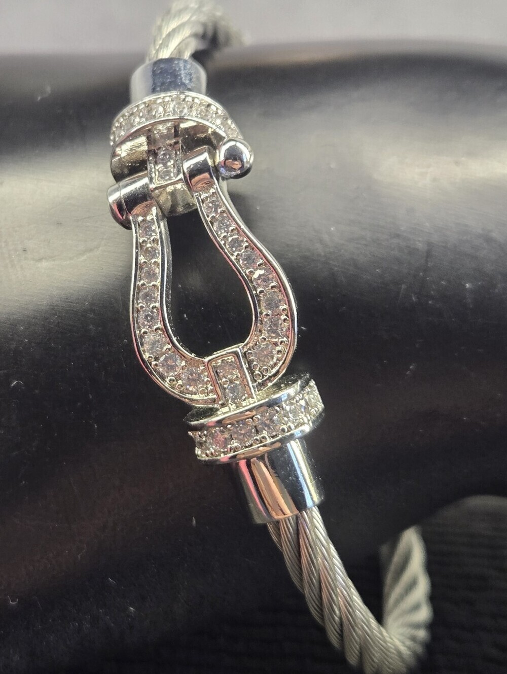 Silver Cable Bracelet Crystal Stirrup Buckle Clasp One Size